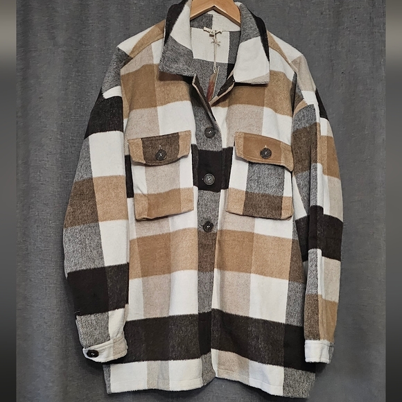 Shacket Jacket Plaid Thick Warm hand Pockets Plus Size 2X Brown Tan multi - Picture 7 of 9